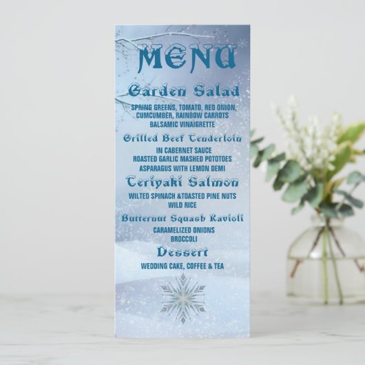 Winter Wonderland Wedding Menu Einladung (Stehend Vorderseite)