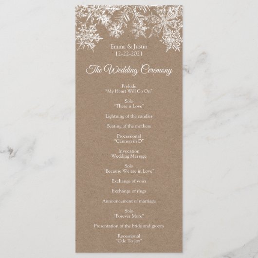 Winter Wonderland White & Kraft Snowflakes Hochzei Programm (Rückseite)
