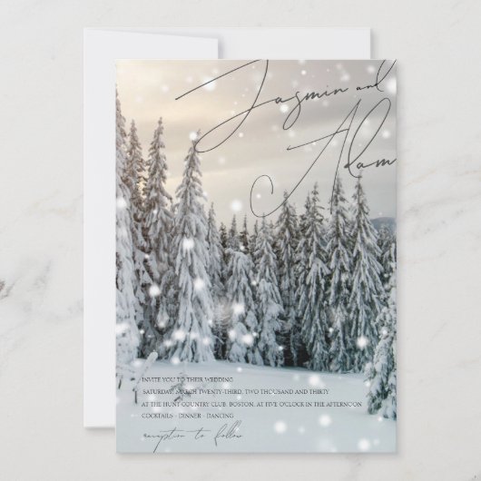 Winter Wonderland Woodland Snow Script Hochzeit Einladung (Vorderseite)