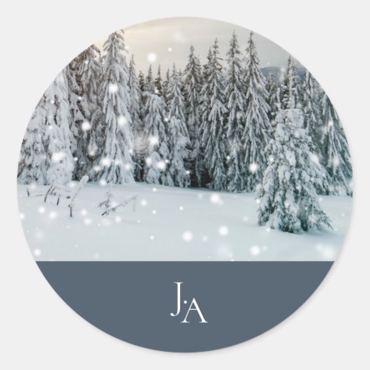 Winter Wonderland Woodland Snow Script Hochzeit Runder Aufkleber (Vorderseite)