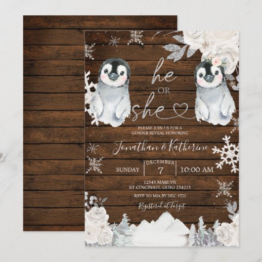 Winter Wood Pinguin Gender-Offenlegung Er oder sie Einladung (Vorne/Hinten)