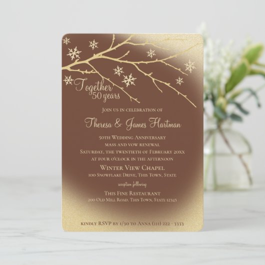 Winter Woodland 50 Jahre Jubiläum Gold und Braun Einladung (Stehend Vorderseite)