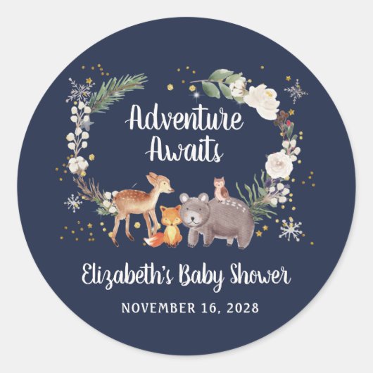 Winter Woodland Animals Baby Dusche blau Runder Aufkleber (Vorderseite)