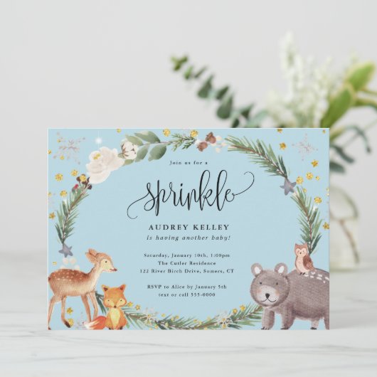 Winter Woodland Animals Baby Sprinkle Dusche Blau Einladung (Stehend Vorderseite)