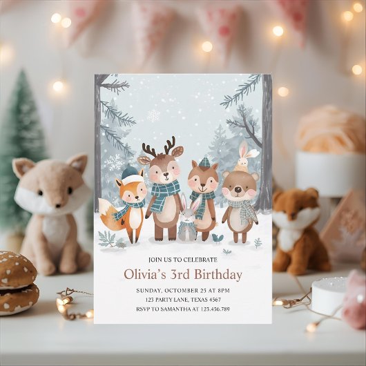 Winter Woodland Animals Birthday Einladung