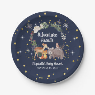 Winter Woodland Animals Blue Baby Dusche Pappteller