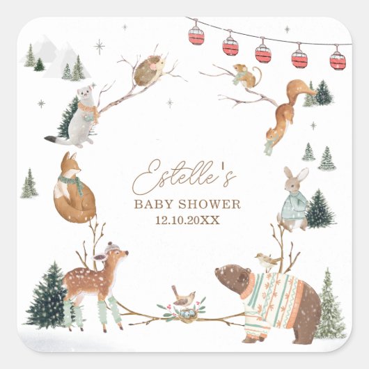 Winter Woodland Animals Forest Baby Dusche Quadratischer Aufkleber (Vorderseite)