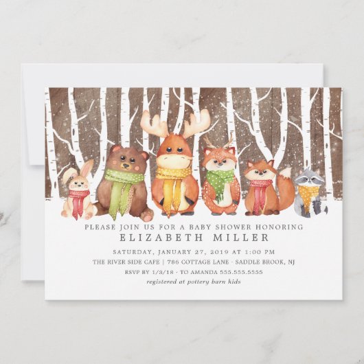 Winter Woodland Animals Kinderdusche Einladung (Vorderseite)