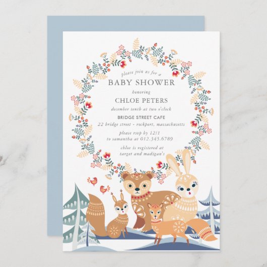 Winter Woodland Animals Kinderdusche Einladung (Vorne/Hinten)