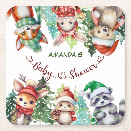 Winter Woodland Animals Kinderdusche Rechteckiger Pappuntersetzer (Vorderseite)