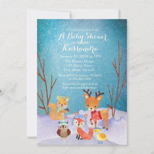 Winter Woodland Animals Kinderduschkarte Einladung (Vorderseite)