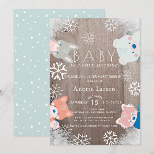 Winter Woodland Animals Snowflake Blue Baby Dusche Einladung