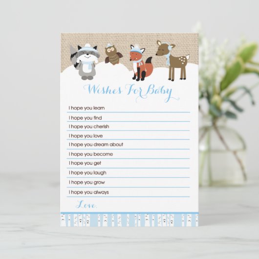 Winter Woodland Animals Wünsche für Baby (blau) Einladung (Stehend Vorderseite)