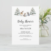 Winter Woodland Baby Animals Baby Dusche Einladung (Stehend Vorderseite)