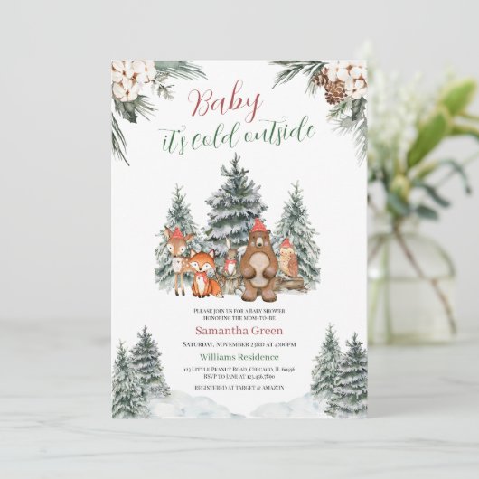 Winter Woodland Baby Dusche Einladung (Stehend Vorderseite)