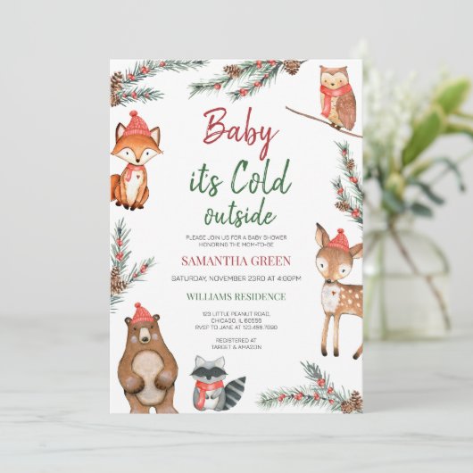 Winter Woodland Baby Dusche Einladung (Stehend Vorderseite)