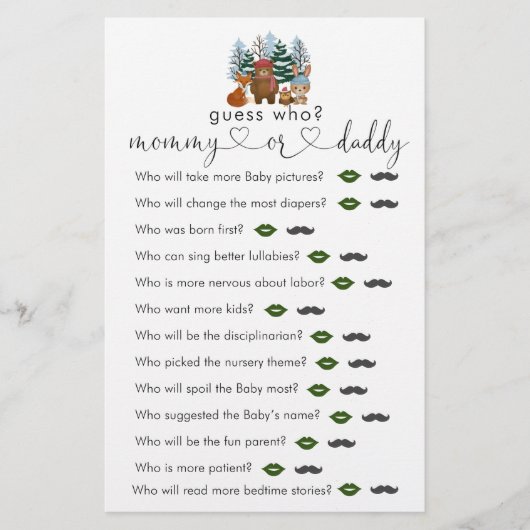 Winter Woodland Baby Dusche Ratet, wer Game (Vorderseite)