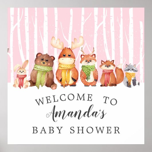 Winter Woodland Begrüßungszeichen Baby Dusche Poster (Vorne)