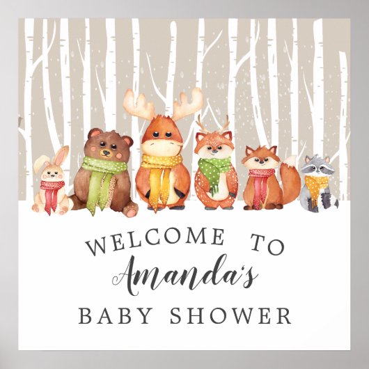 Winter Woodland Begrüßungszeichen Baby Dusche Poster (Vorne)