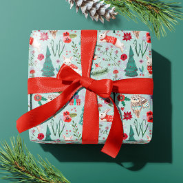 Winter Woodland Blaue und rote Tiere Waldmuster Geschenkpapier