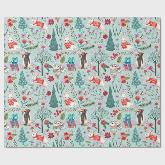 Winter Woodland Blaue und rote Tiere Waldmuster Geschenkpapier (Flach)