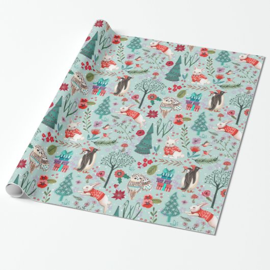 Winter Woodland Blaue und rote Tiere Waldmuster Geschenkpapier (Ungerollt)