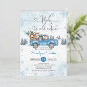 Winter Woodland Blue Truck Baby Dusche Einladung (Stehend Vorderseite)