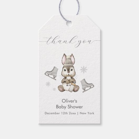 Winter Woodland Bunny Ice Skate Baby Shower Geschenkanhänger (Vorderseite)