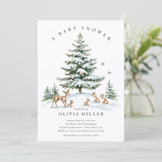 Winter Woodland Deer Baby Shower Einladung (Stehend Vorderseite)