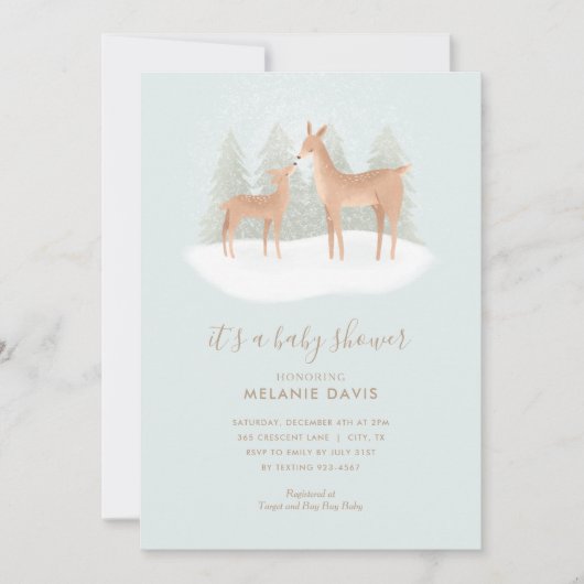 Winter Woodland Deer Blue Baby Dusche Einladung (Vorderseite)