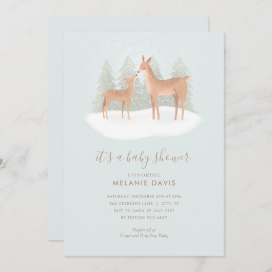 Winter Woodland Deer Blue Baby Dusche Einladung (Vorne/Hinten)