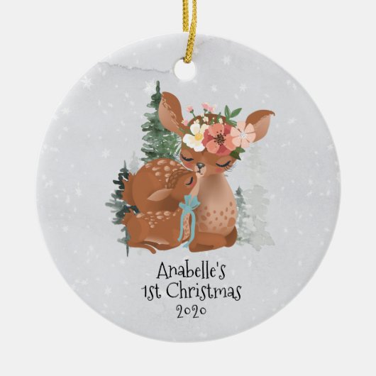 Winter Woodland Deer Mama Baby 1. Weihnachten Keramik Ornament (Vorne)