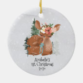 Winter Woodland Deer Mama Baby 1. Weihnachten Keramik Ornament (Hinten)