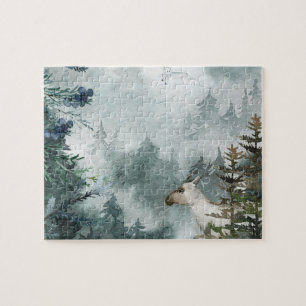 Winter Woodland Foggy Mountain Forest Young Stag Puzzle