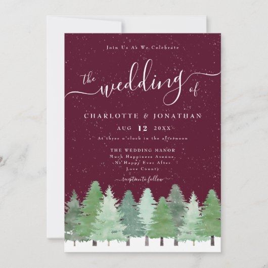Winter Woodland Forest Burgundy Wedding Qr Code Einladung (Vorderseite)