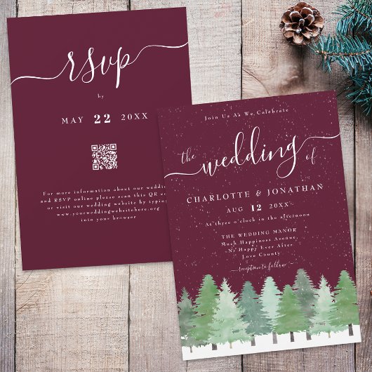 Winter Woodland Forest Burgundy Wedding Qr Code Einladung