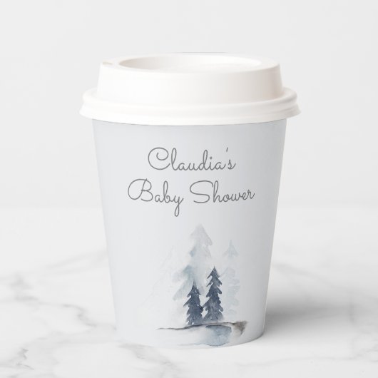 Winter Woodland Forest Modern Script Baby Dusche Pappbecher (Rückseite)