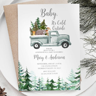 Winter Woodland Forest Truck Animal Gender Reveal Einladung