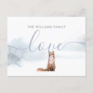 Winter Woodland Fox Familie Name Script-Liebe Feiertagspostkarte