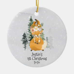 Winter Woodland Fox Mama Baby 1. Weihnachten Keramik Ornament
