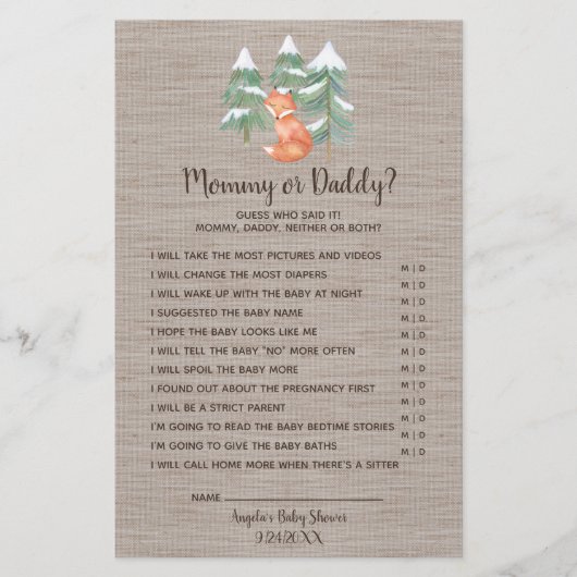 Winter Woodland Fox Mommy oder Daddy Game Flyer (Vorne)