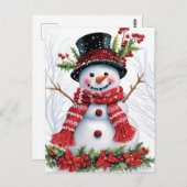 Winter Woodland Friends | Feierlicher Schneemann Postkarte (Vorne/Hinten)
