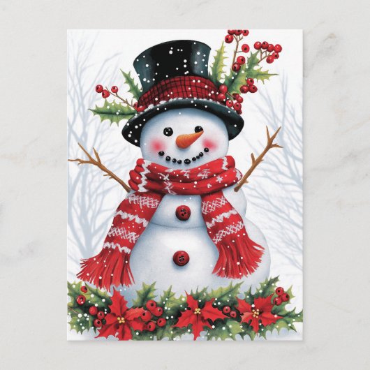 Winter Woodland Friends | Feierlicher Schneemann Postkarte (Vorderseite)