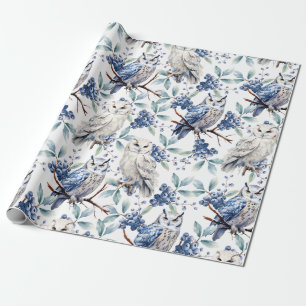 Winter Woodland Great White Owls Blue Berries Geschenkpapier