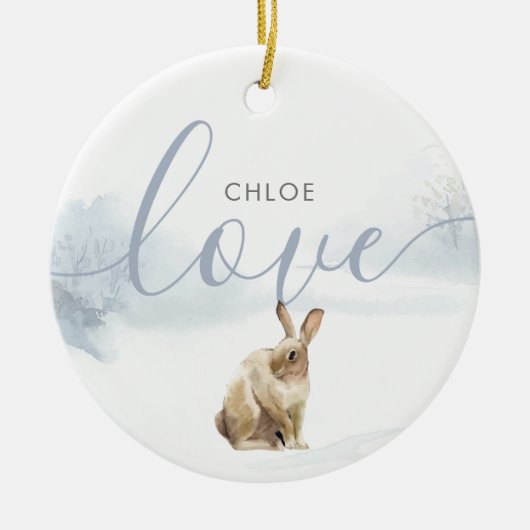 Winter Woodland Hare Liebe Script Keramik Ornament (Vorne)