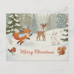 Winter Woodland Merry Christmas Forest Animals Postkarte