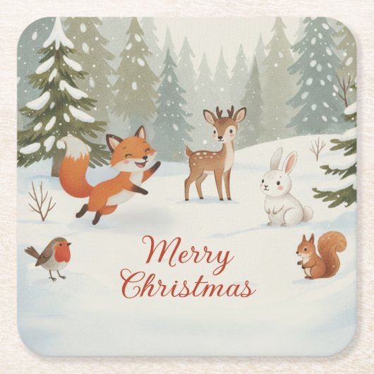 Winter Woodland Merry Christmas Forest Animals Rechteckiger Pappuntersetzer (Vorderseite)