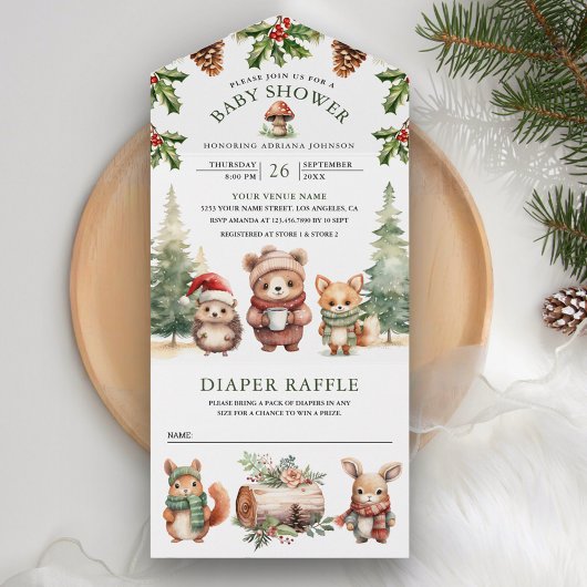 Winter Woodland Niedliche Tiere Weihnachtsdusche All In One Einladung