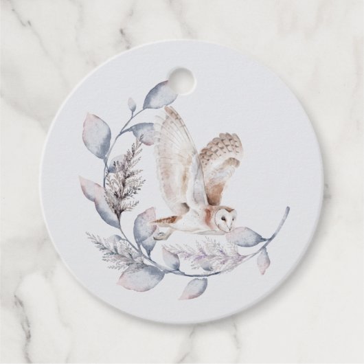 Winter Woodland Owl Moderne Script Baby Dusche Geschenkanhänger (Vorderseite)