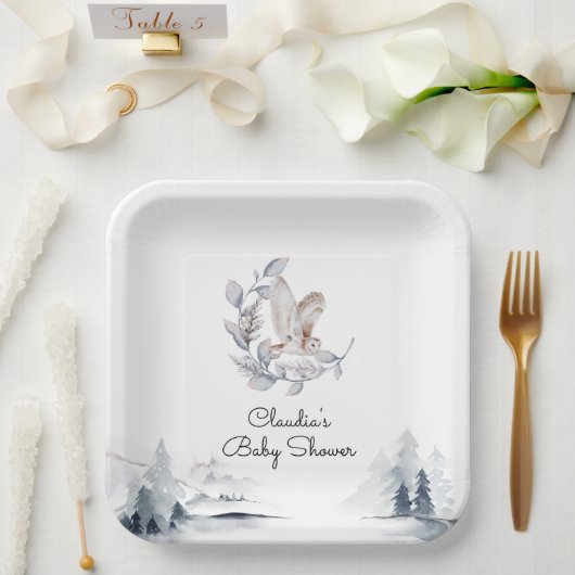 Winter Woodland Owl Moderne Script Baby Dusche Pappteller (Hochzeit)